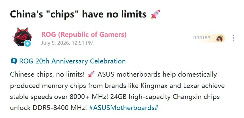 Module RAM DDR5 dùng chip nhớ CXMT chạy 8400 MT/s trên mainboard ASUS AM5