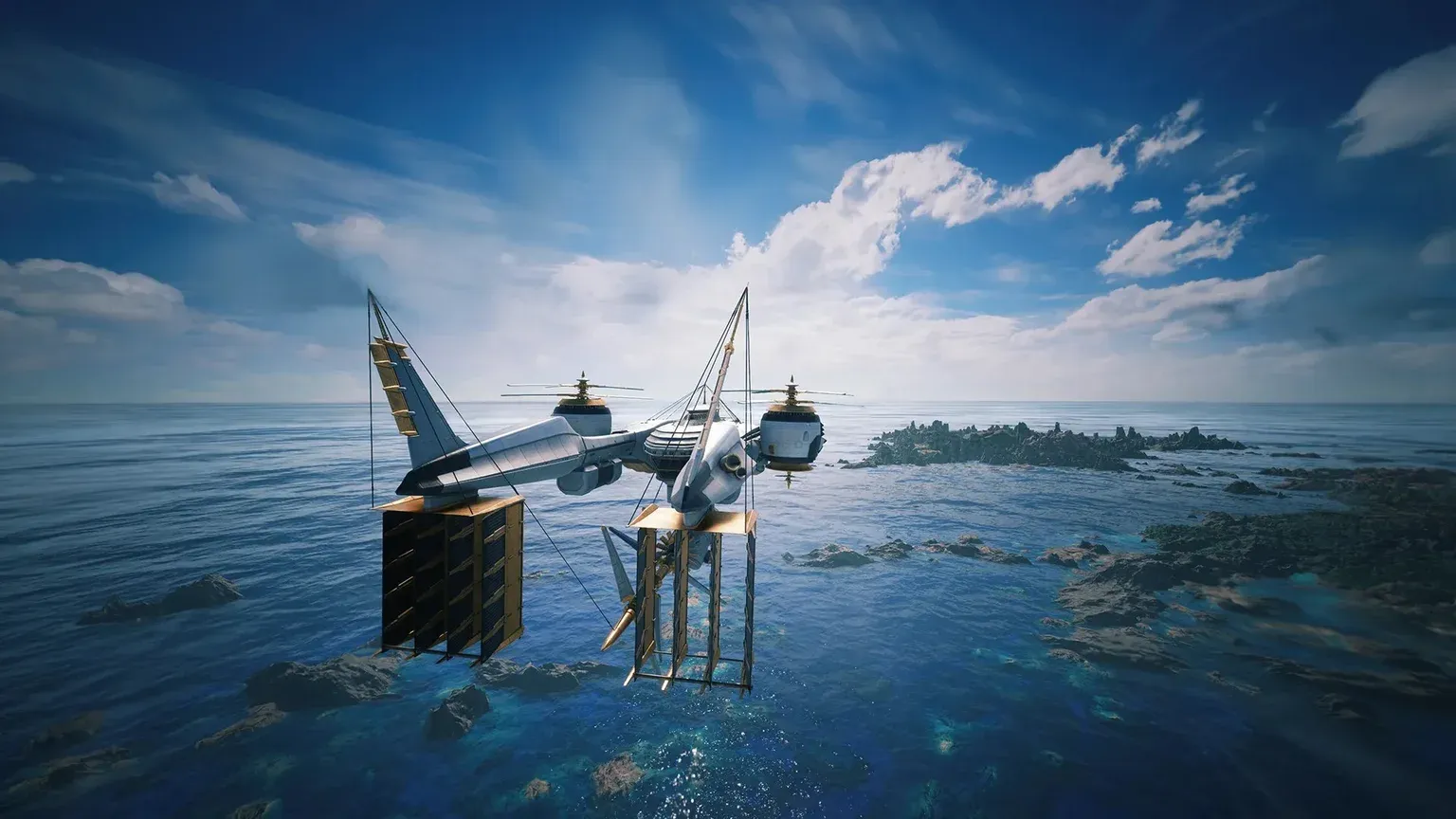 Final Fantasy VII Revelation - chiếc phi thuyền Highwind bay qua cảnh biển, màn reveal chính tại Gamescom ONL