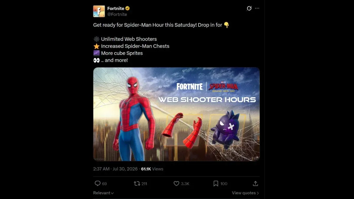Ảnh Fortnite Spider-Man — skin Brand New Day với Web Shooters trong sự kiện không giới hạn