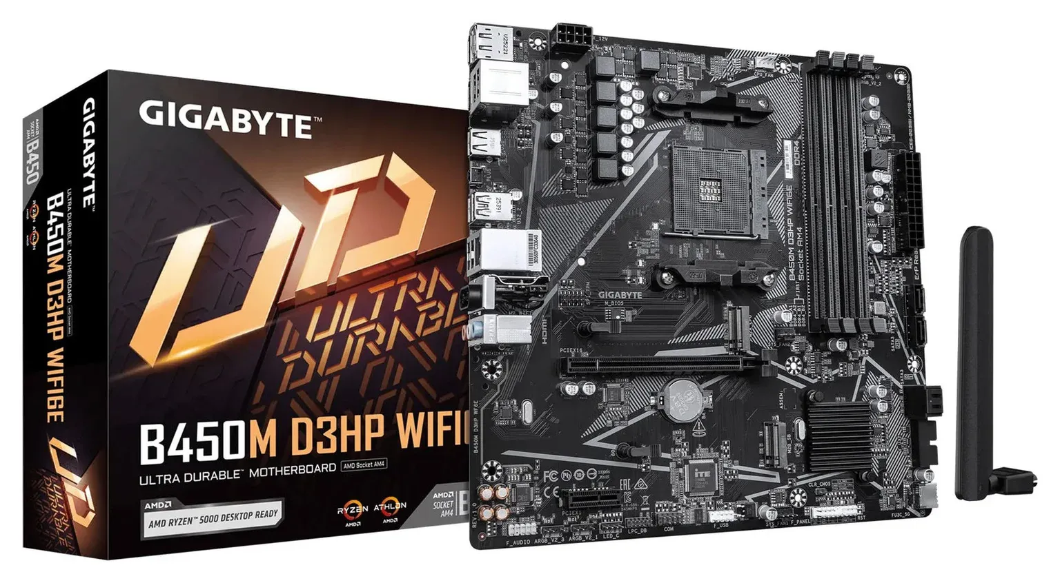 Ảnh mainboard Gigabyte B450M D3HP màu đen với các khe cắm và tụ điện, minh họa cho bài viết về hai mainboard B450 mới của Gigabyte cho socket AM4
