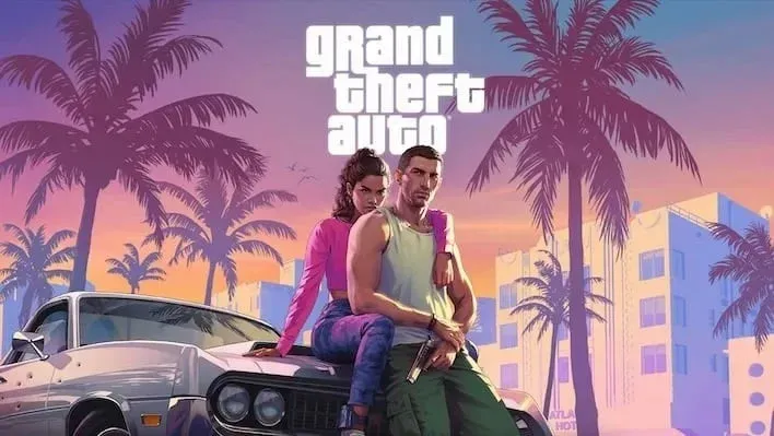 Ảnh GTA 6 hero art với hai nhân vật Lucia và Jason trong bối cảnh Vice City