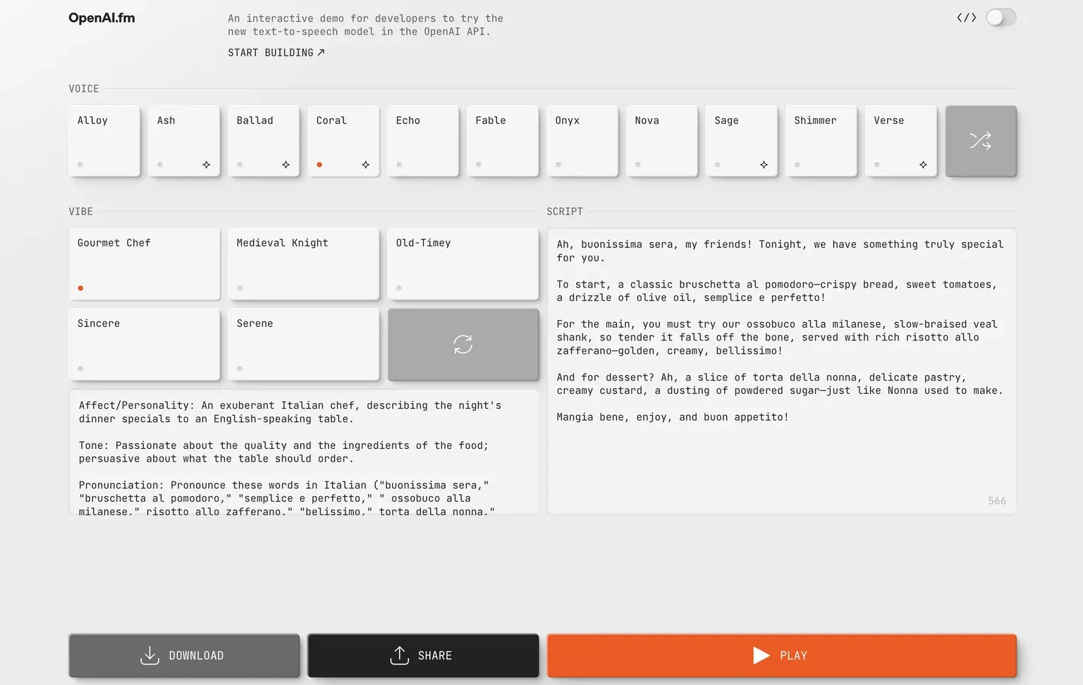 Giao diện openai.fm — interactive demo text-to-speech của OpenAI
